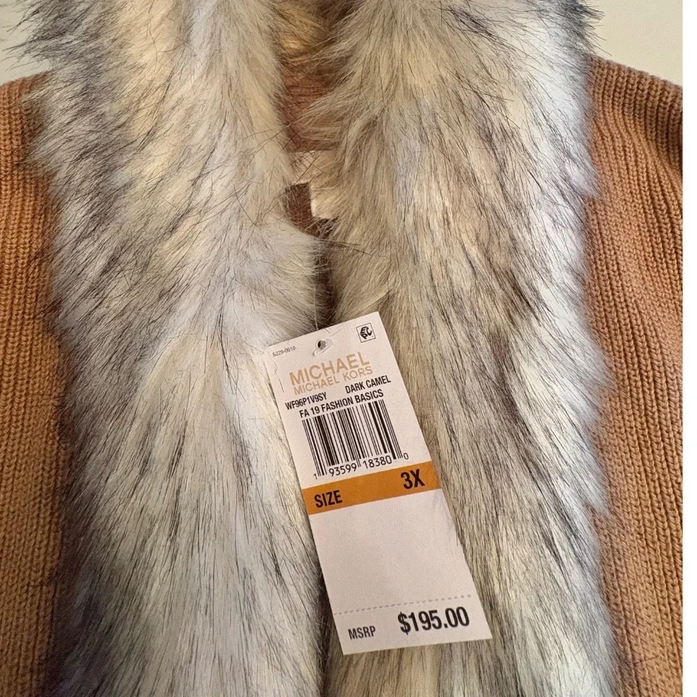 Michael Kors Camel Wrap Cardigan with Faux-Fur Shawl Collar
